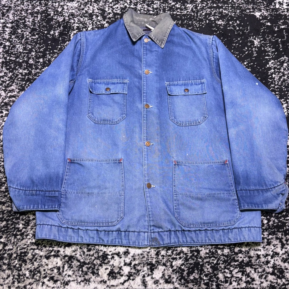 Vintage 80s Big Mac Denim Chore Coat Blue Corduroy Collar Work Jacket Mens XL